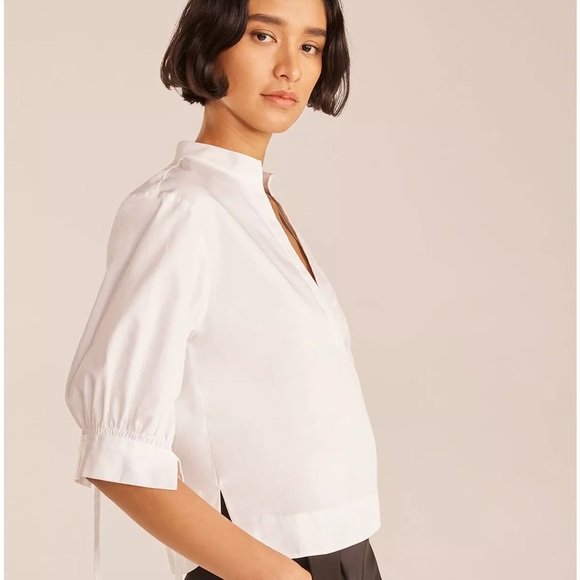 Rebecca Taylor White Short Sleeve V-Neck Twill Blouse - Picture 12 of 12